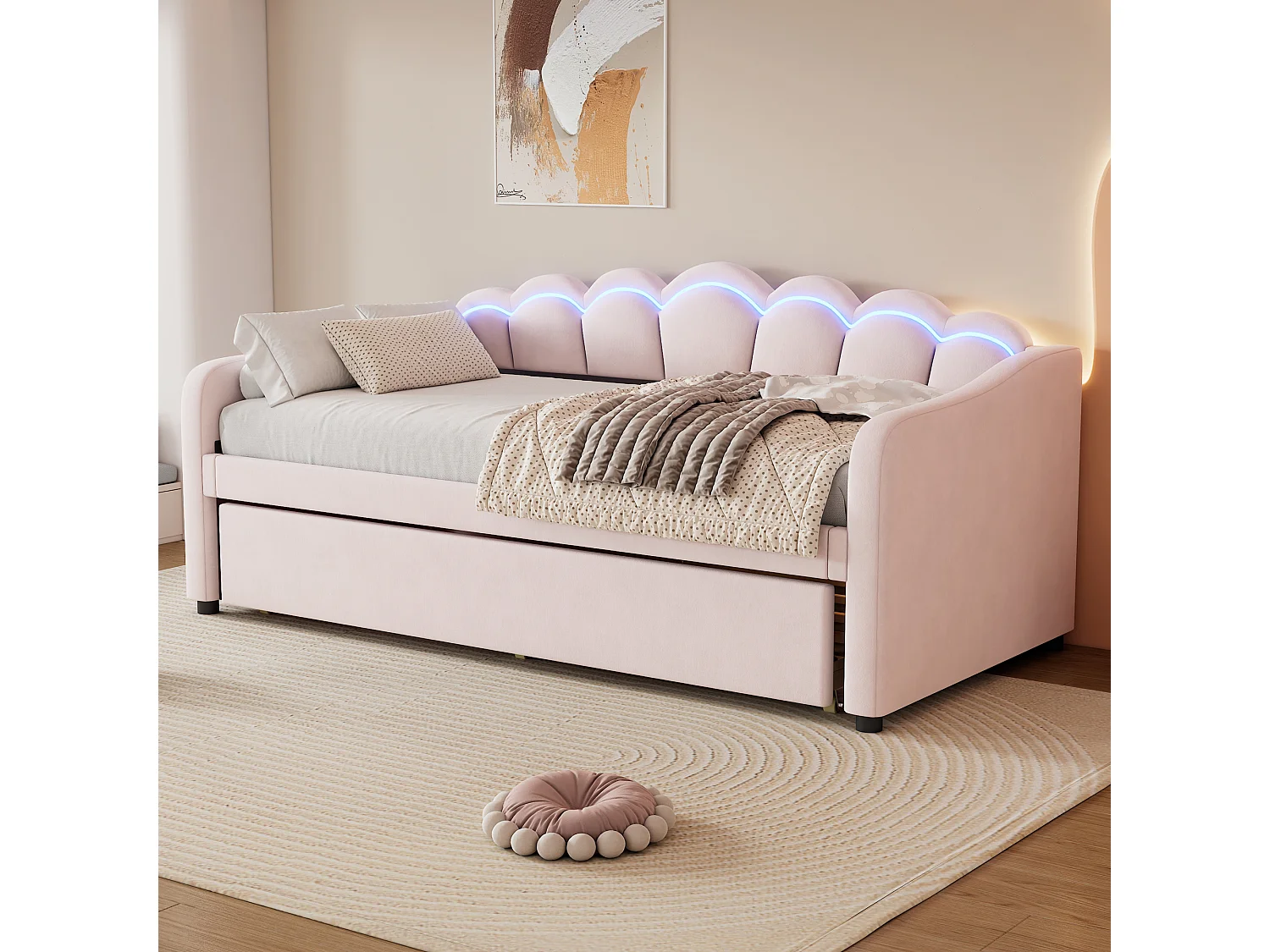 Slaapbank 90x200cm met opklapbed, minimalistisch design, fluweel, roze, met multi-color ledverlichting (213x99x87 cm)