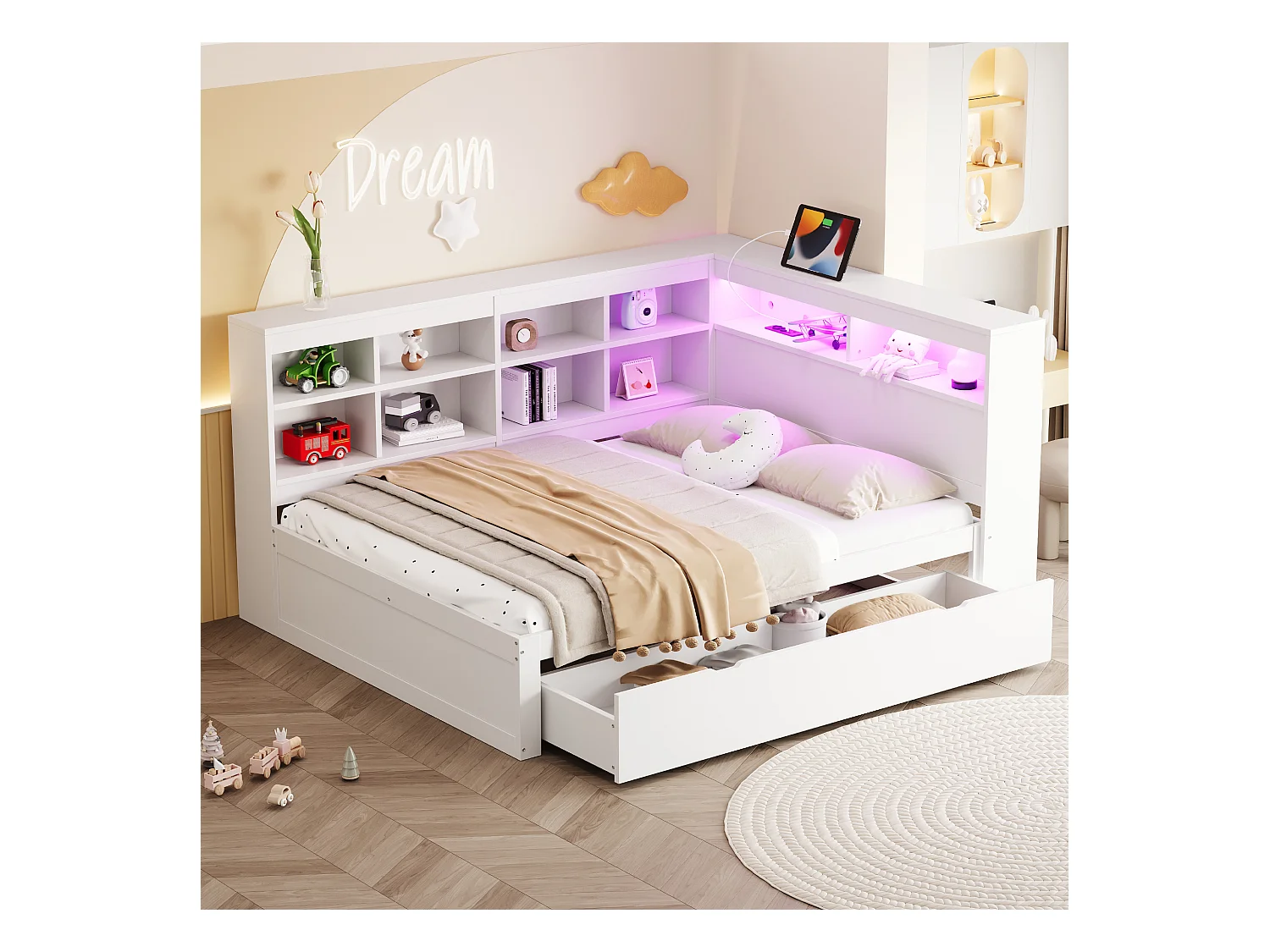 Slaapbank 140x200 cm, extra grote lades, USB, LED, planken, opbergvakken, massief hout, wit (222,3x165x92 cm)