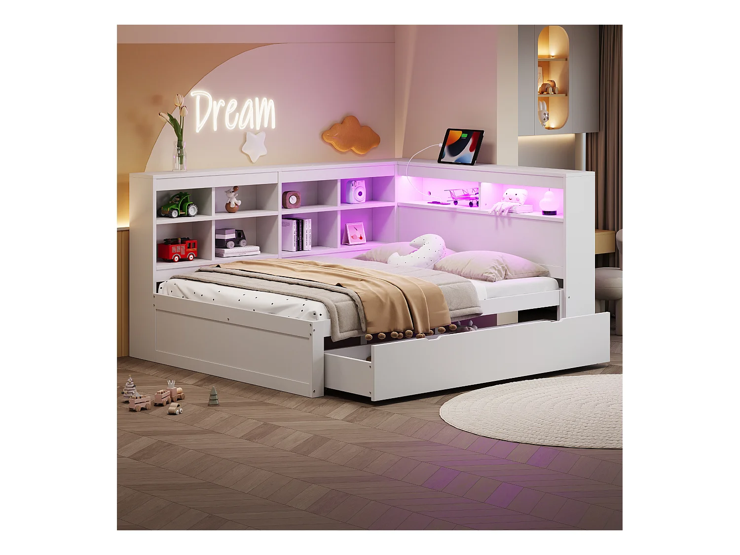 Slaapbank 140x200 cm, extra grote lades, USB, LED, planken, opbergvakken, massief hout, wit (222,3x165x92 cm)