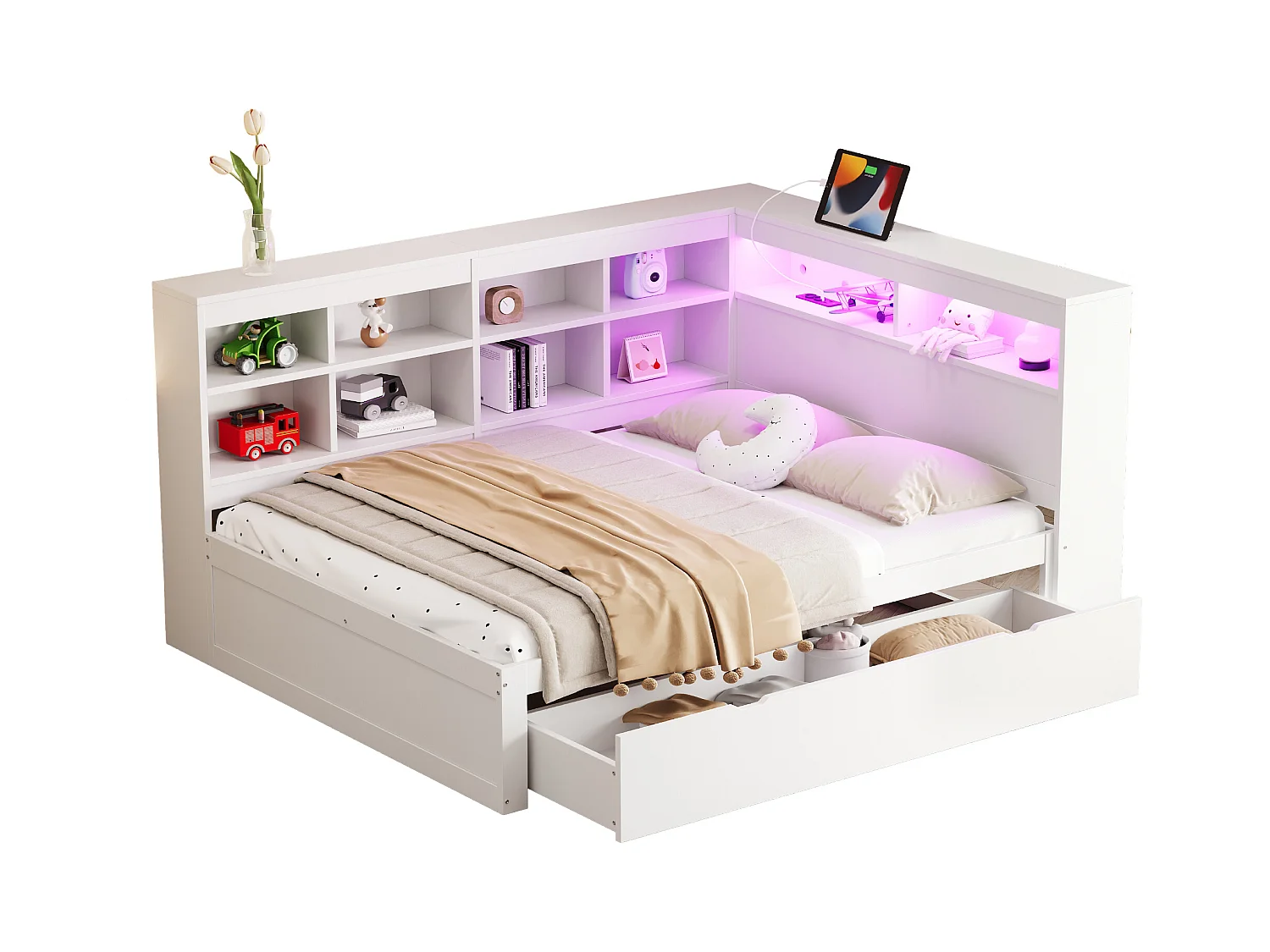 Slaapbank 140x200 cm, extra grote lades, USB, LED, planken, opbergvakken, massief hout, wit (222,3x165x92 cm)