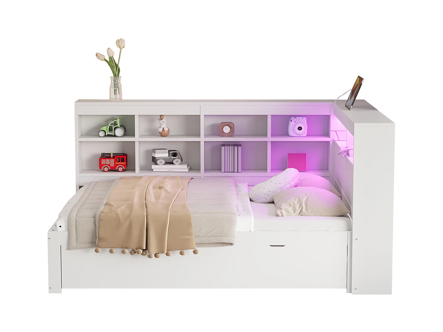 Slaapbank 140x200 cm, extra grote lades, USB, LED, planken, opbergvakken, massief hout, wit (222,3x165x92 cm)