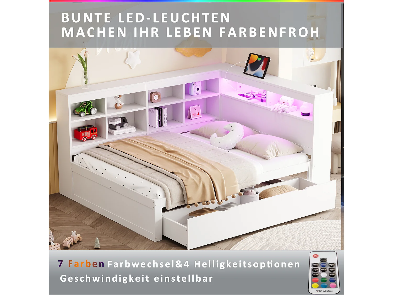 Canapé-lit 140x200 cm, tiroirs extra-larges, USB, LED, étagères, compartiments, bois massif, blanc (222.3x165x92 cm)