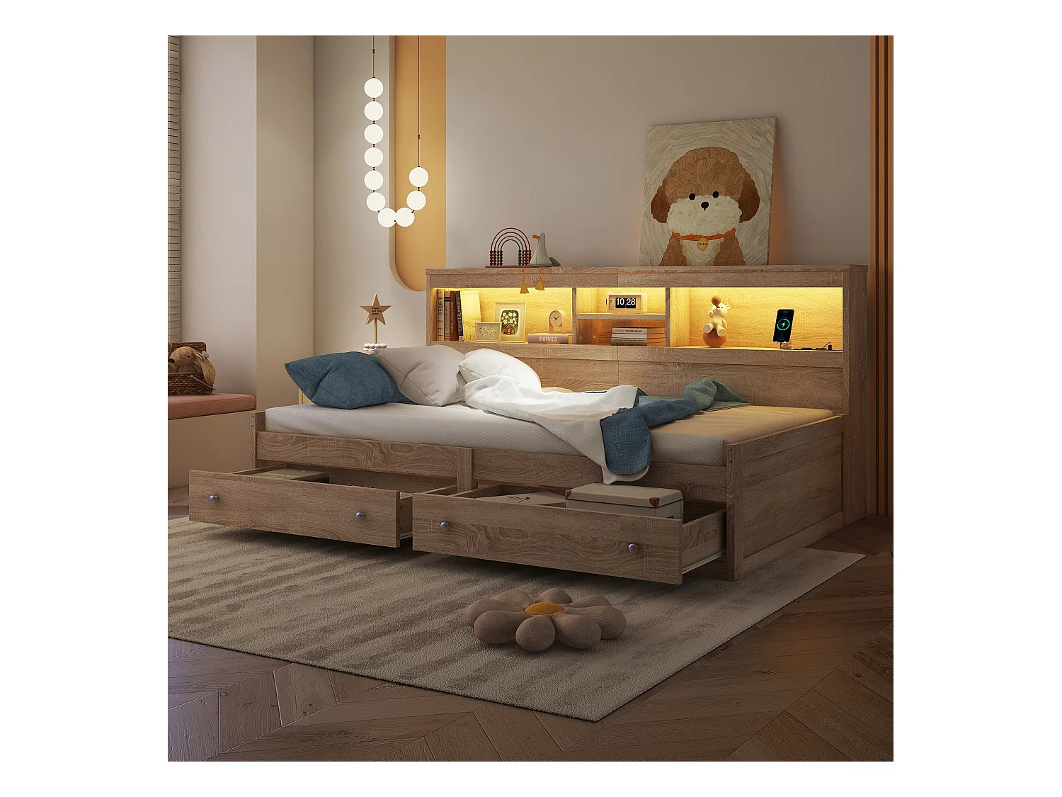 Daybett 90 x 200 cm, avec 2 USB, 2 prises, 2 tiroirs, LED ambiance, lit avec sommier (sans matelas), panneau de particules, blanc (223.6x116.6x90 cm)