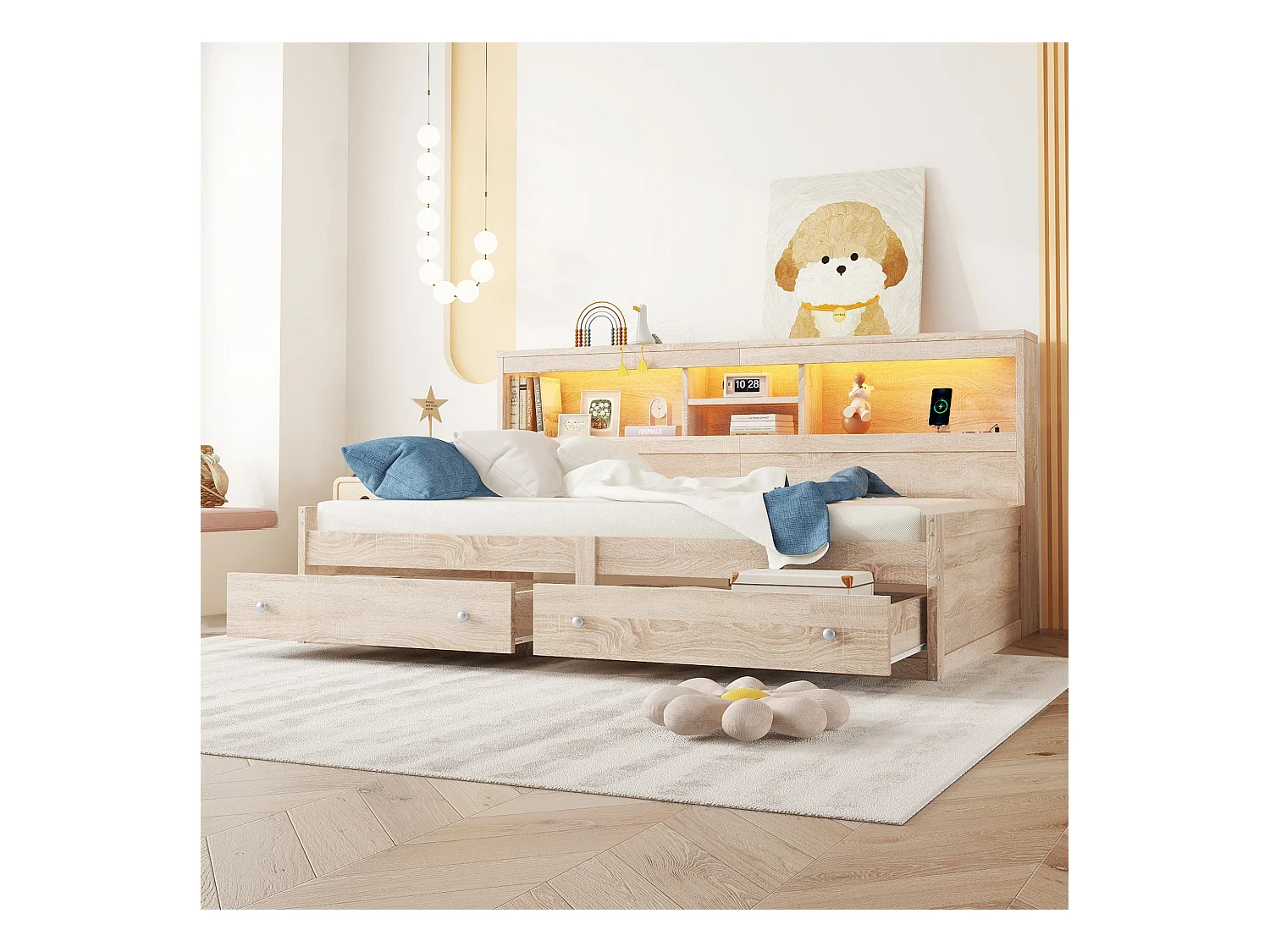 Daybett 90 x 200 cm, avec 2 USB, 2 prises, 2 tiroirs, LED ambiance, lit avec sommier (sans matelas), panneau de particules, blanc (223.6x116.6x90 cm)