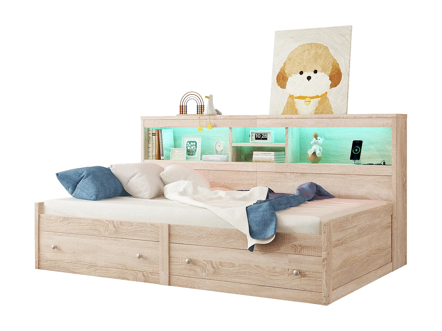 Daybett 90 x 200 cm, avec 2 USB, 2 prises, 2 tiroirs, LED ambiance, lit avec sommier (sans matelas), panneau de particules, blanc (223.6x116.6x90 cm)