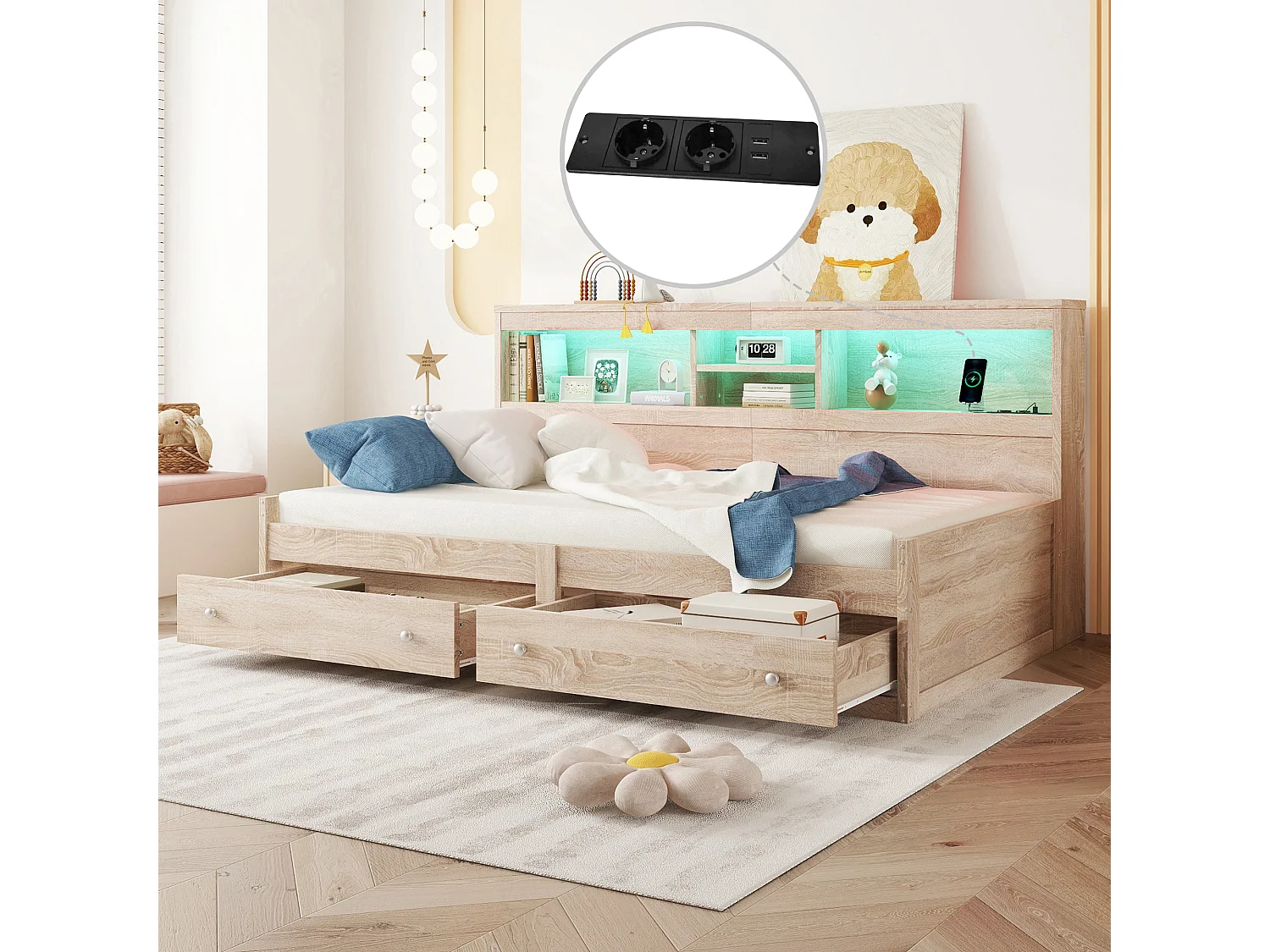 Daybett 90 x 200 cm, avec 2 USB, 2 prises, 2 tiroirs, LED ambiance, lit avec sommier (sans matelas), panneau de particules, blanc (223.6x116.6x90 cm)