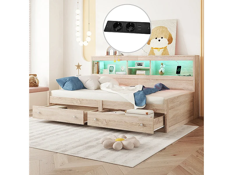 Daybett 90 x 200 cm, avec 2 USB, 2 prises, 2 tiroirs, LED ambiance, lit avec sommier (sans matelas), panneau de particules, blanc (223.6x116.6x90 cm)