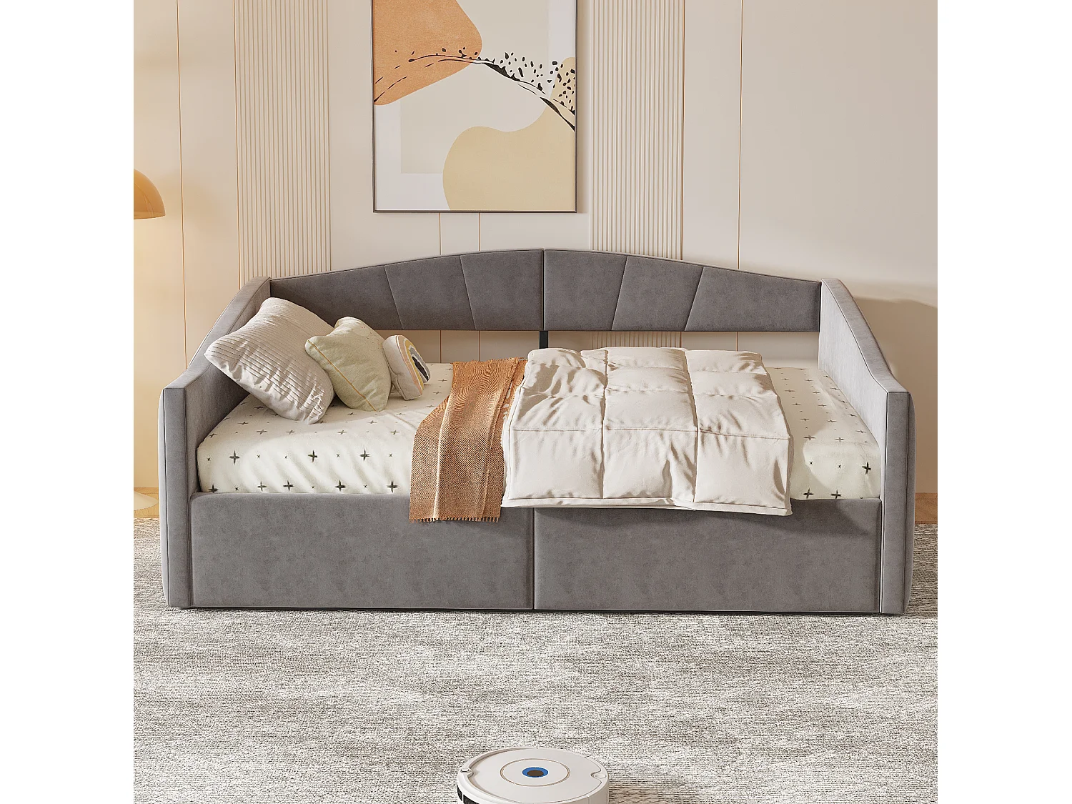 Canapé-lit 140x200 cm avec hydraulique de rangement, tissu velours gris, avec lattenrost et accoudoirs (212x145x62 cm)