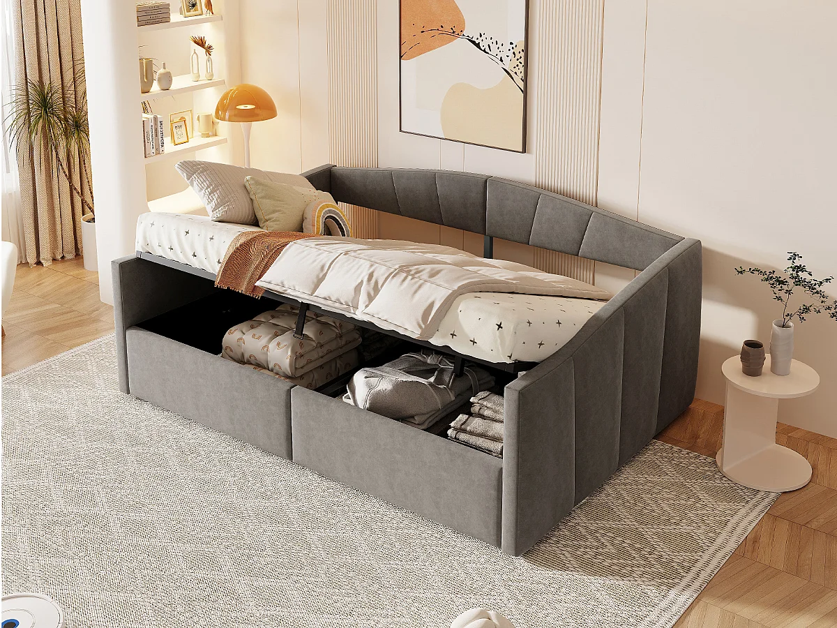 Canapé-lit 140x200 cm avec hydraulique de rangement, tissu velours gris, avec lattenrost et accoudoirs (212x145x62 cm)