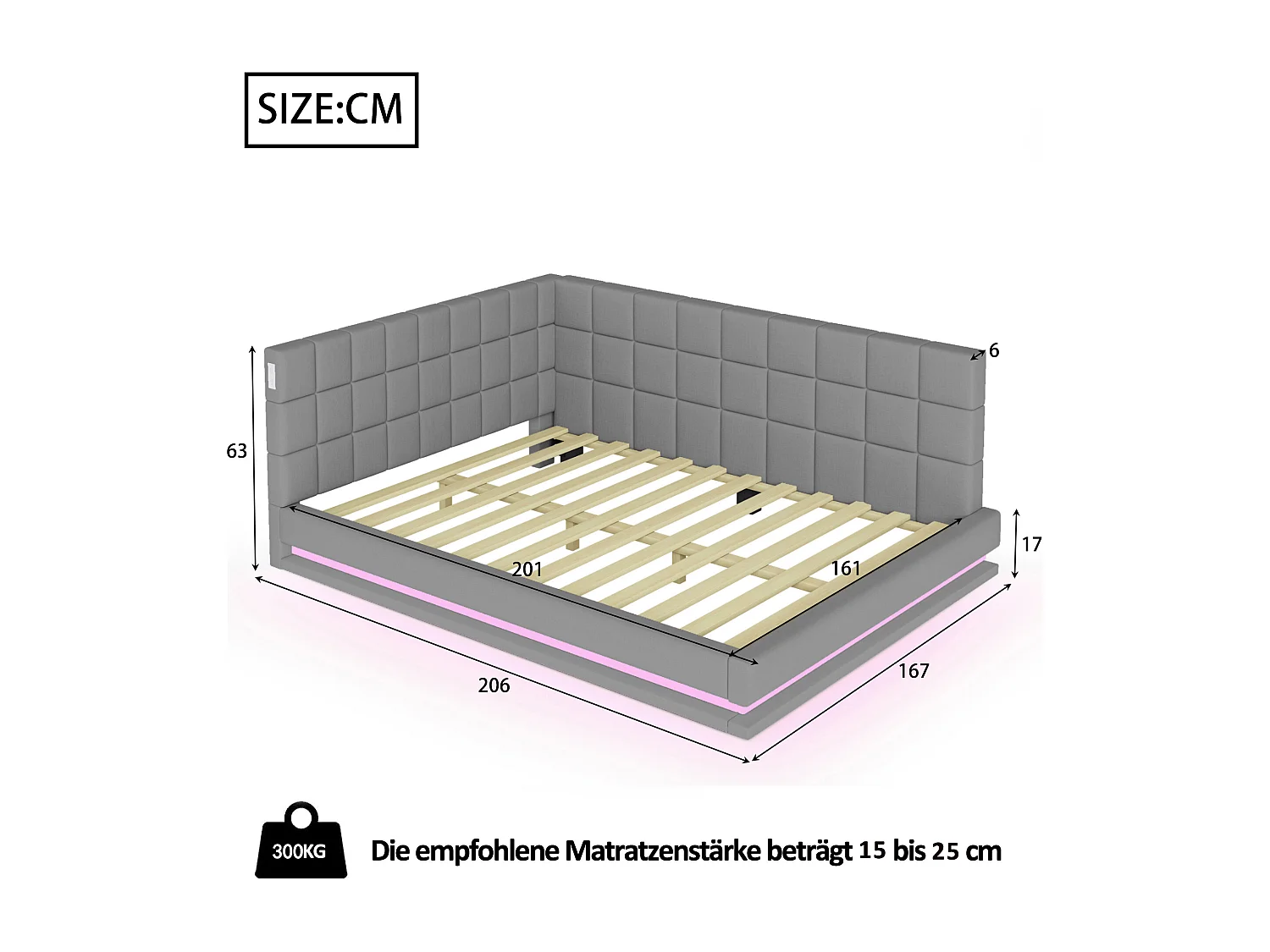 160x200 slaapbank, multifunctioneel met LED, USB en lattenbodem, in grijs fluweel (206x167x63 cm)