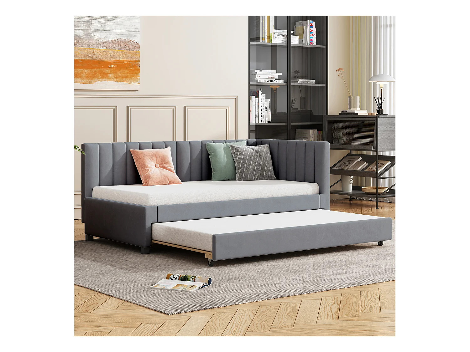 Canapé-lit 90x200 cm, lit escamotable multifonction, velours gris, avec sommier (209.5x97x71 cm)