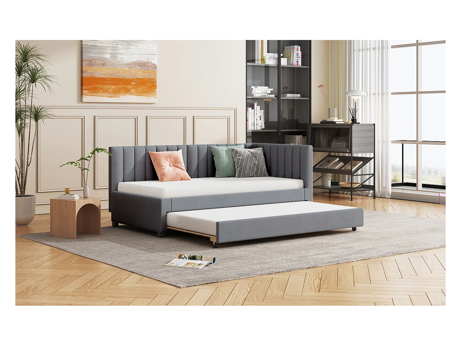 Canapé-lit 90x200 cm, lit escamotable multifonction, velours gris, avec sommier (209.5x97x71 cm)