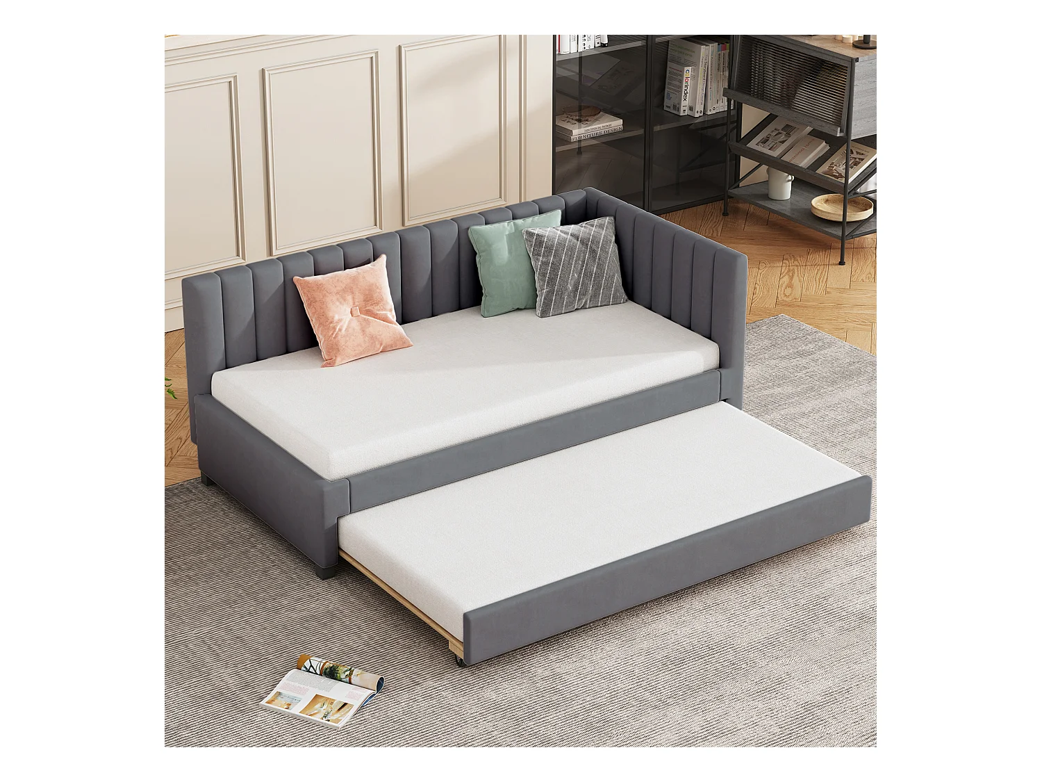 Canapé-lit 90x200 cm, lit escamotable multifonction, velours gris, avec sommier (209.5x97x71 cm)