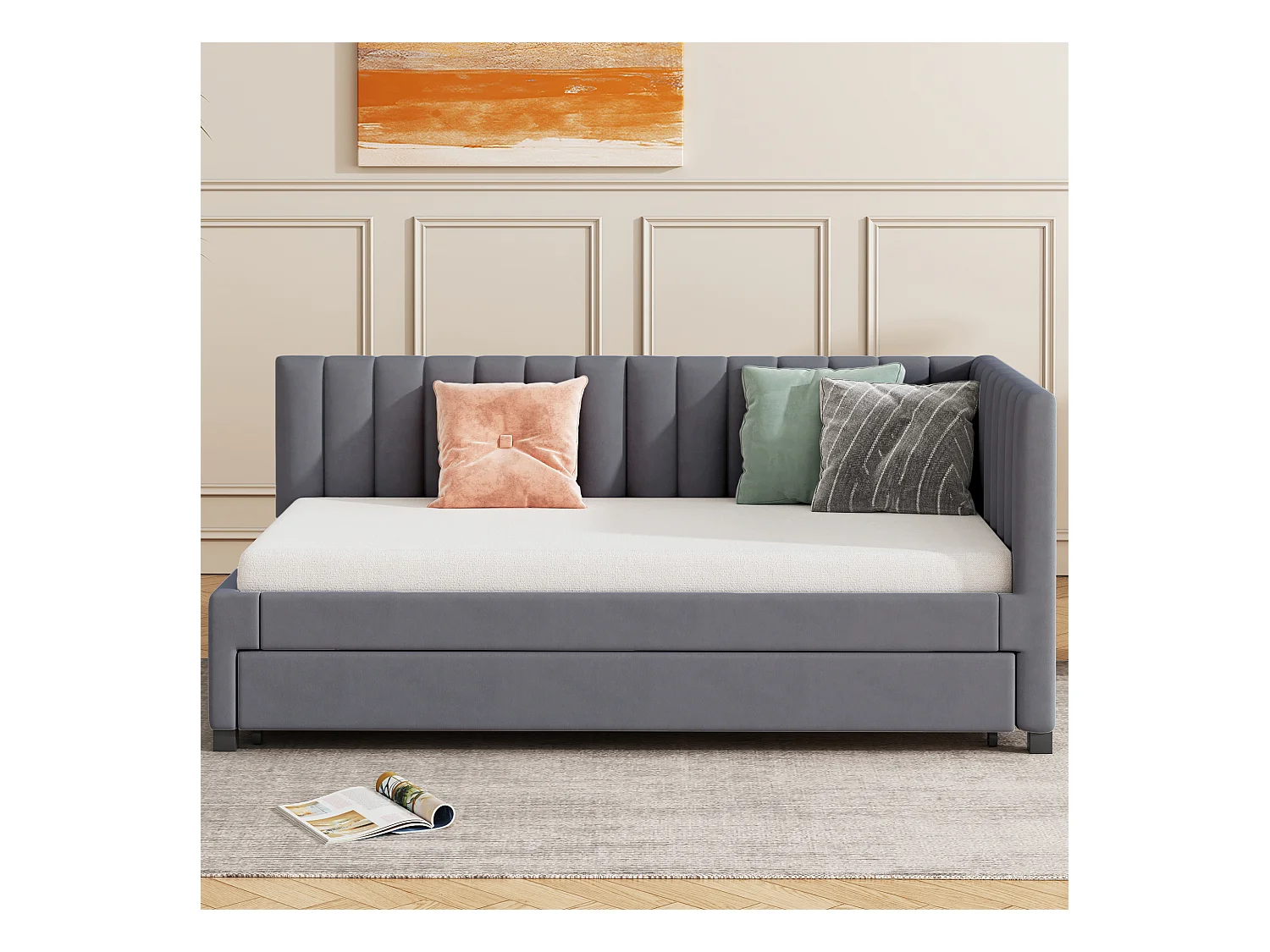 Canapé-lit 90x200 cm, lit escamotable multifonction, velours gris, avec sommier (209.5x97x71 cm)