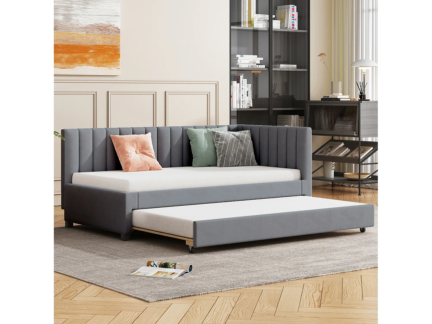 Sofá cama 90x200 cm, cama plegable multifuncional, terciopelo gris, con somier de láminas (209,5x97x71 cm)