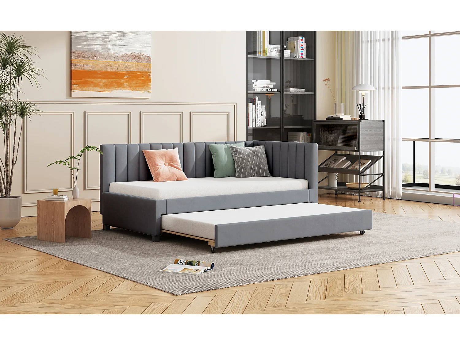 Sofá cama 90x200 cm, cama plegable multifuncional, terciopelo gris, con somier de láminas (209,5x97x71 cm)