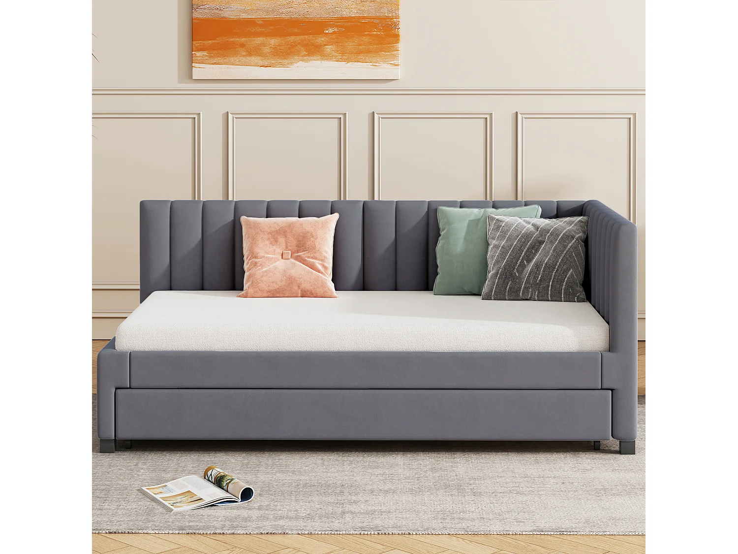 Sofá cama 90x200 cm, cama plegable multifuncional, terciopelo gris, con somier de láminas (209,5x97x71 cm)