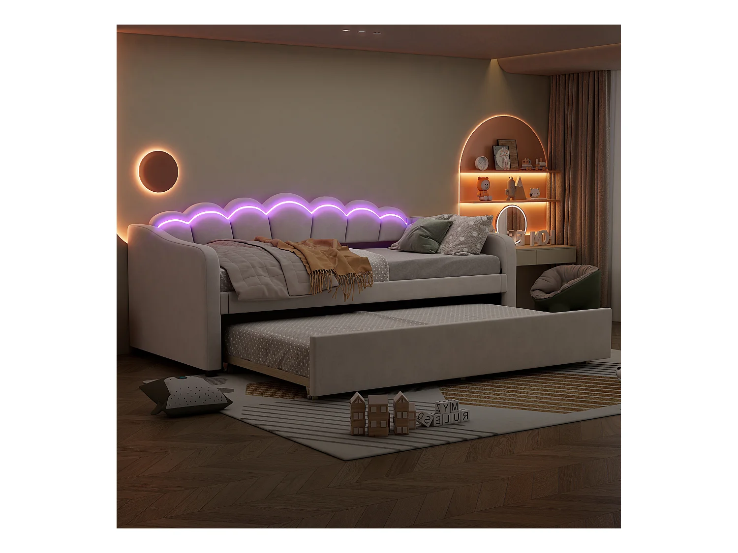 Canapé-lit 90x200cm avec lit escamotable, design minimaliste, Velours, Beige, avec éclairage LED multicolore (213x99x87 cm)