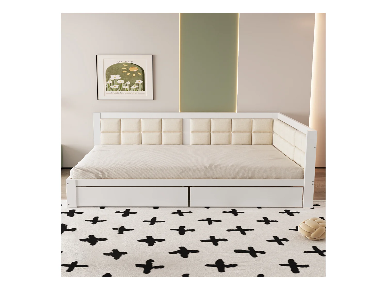 Multifunctionele slaapbank 140x200, ergonomische rugleuning, grote opberglades, grenen frame, witte afwerking (204,5x146,5x71 cm)