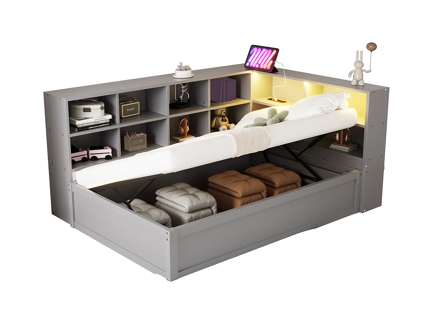 Slaapbank 90x200 cm met stopcontacten, opbergvakken, ledstrip, hydraulisch bed, massief houten frame, multifunctioneel eenpersoonsbed, grijs (220,5x113,5x82 cm)