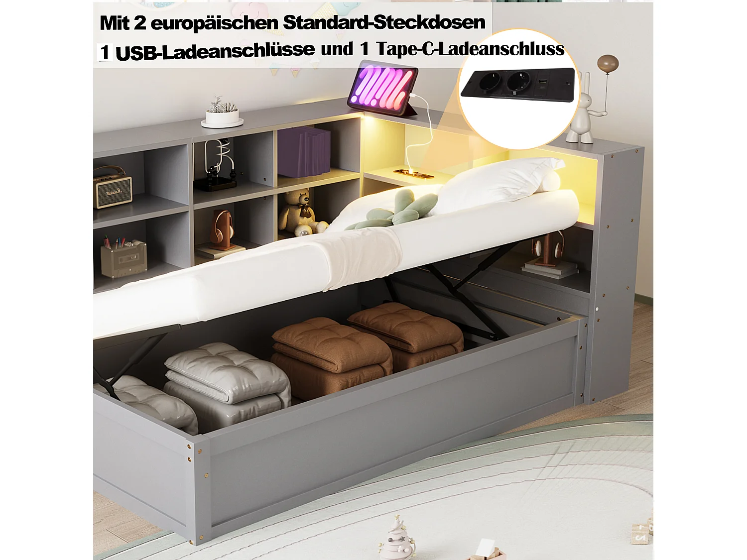 Slaapbank 90x200 cm met stopcontacten, opbergvakken, ledstrip, hydraulisch bed, massief houten frame, multifunctioneel eenpersoonsbed, grijs (220,5x113,5x82 cm)