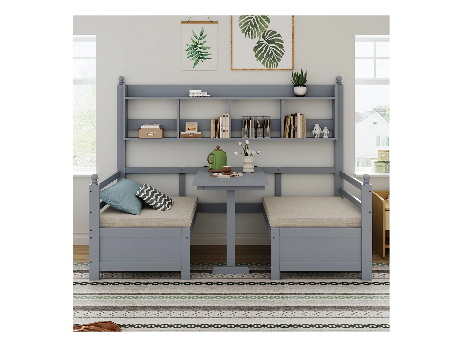 Canapé-lit multifonction en bois massif, 2-en-1 lit et bureau, modulable, avec étagère à livres, coussins confortables, gris (200x90x150.6 cm)