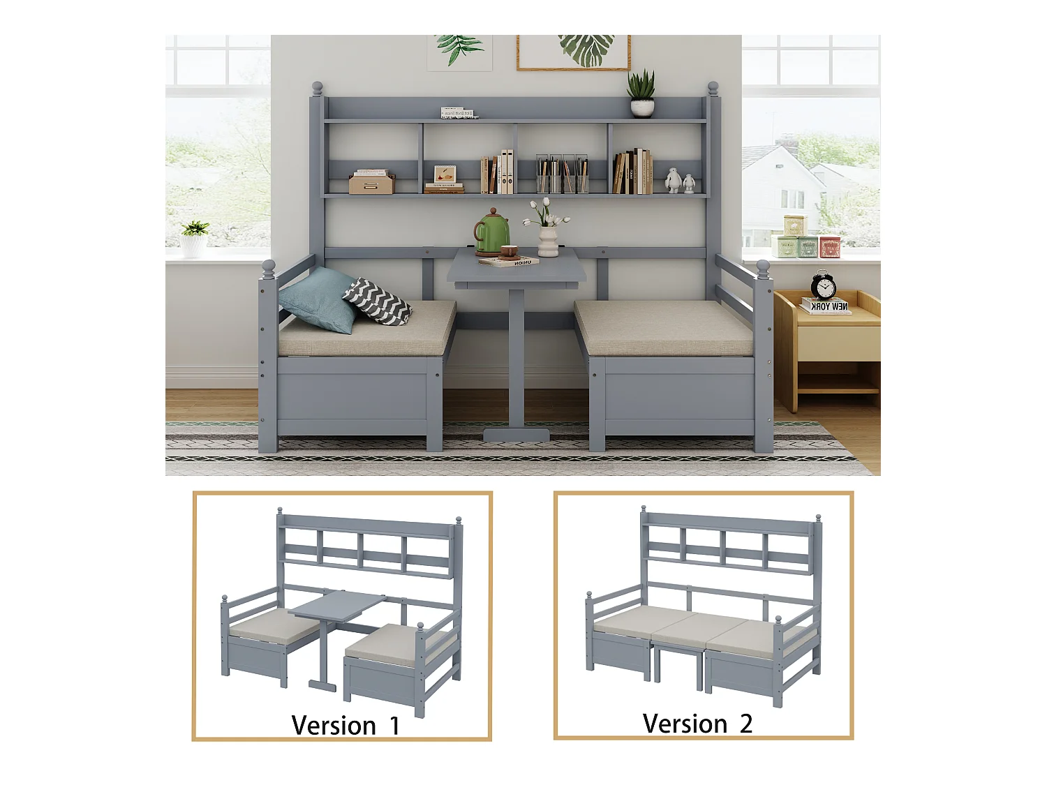Canapé-lit multifonction en bois massif, 2-en-1 lit et bureau, modulable, avec étagère à livres, coussins confortables, gris (200x90x150.6 cm)
