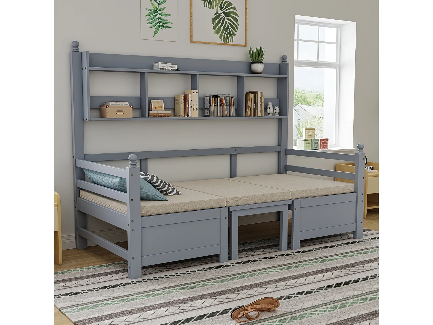 Canapé-lit multifonction en bois massif, 2-en-1 lit et bureau, modulable, avec étagère à livres, coussins confortables, gris (200x90x150.6 cm)