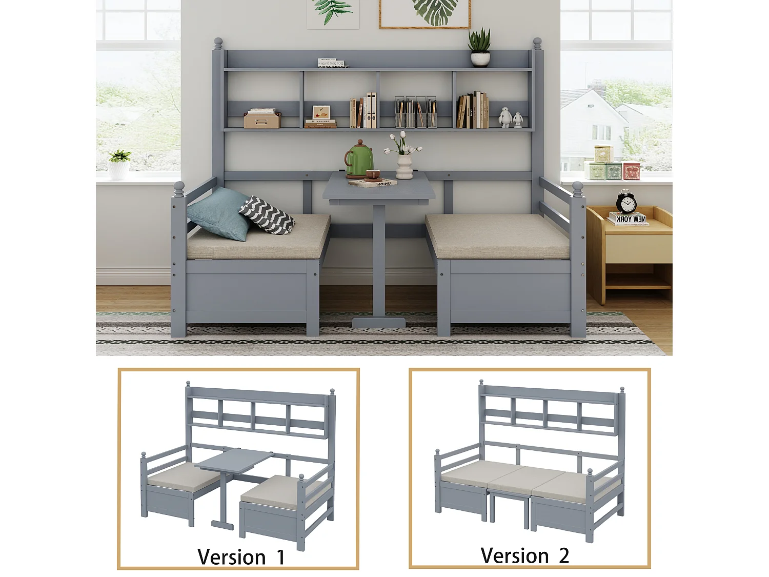 Canapé-lit multifonction en bois massif, 2-en-1 lit et bureau, modulable, avec étagère à livres, coussins confortables, gris (200x90x150.6 cm)