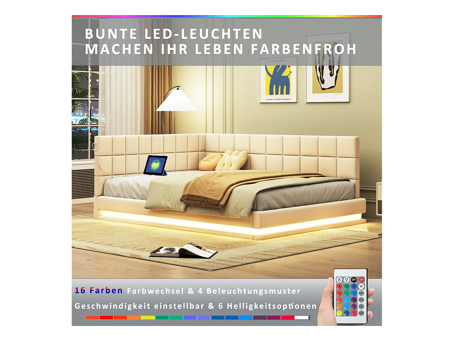 Canapé-lit 140x200cm, multifonction, velours beige, LED, prise USB, sommier à lattes (206x147x63cm)