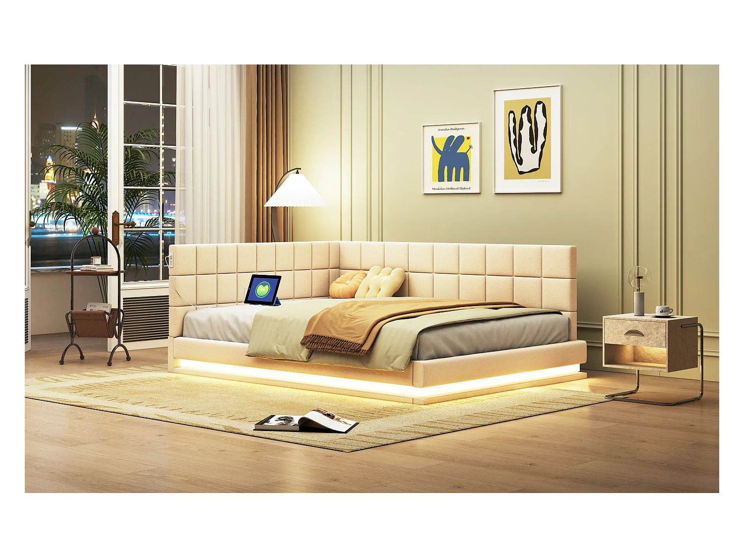 Canapé-lit 140x200cm, multifonction, velours beige, LED, prise USB, sommier à lattes (206x147x63cm)