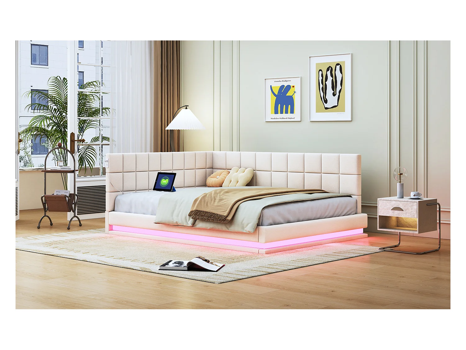 Canapé-lit 140x200cm, multifonction, velours beige, LED, prise USB, sommier à lattes (206x147x63cm)