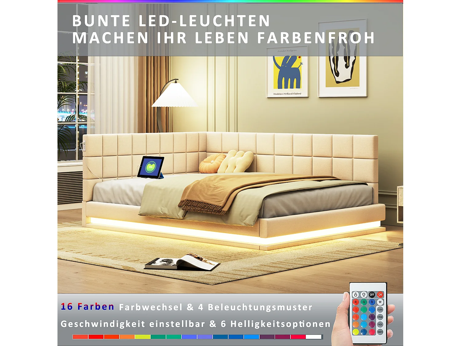 Canapé-lit 140x200cm, multifonction, velours beige, LED, prise USB, sommier à lattes (206x147x63cm)
