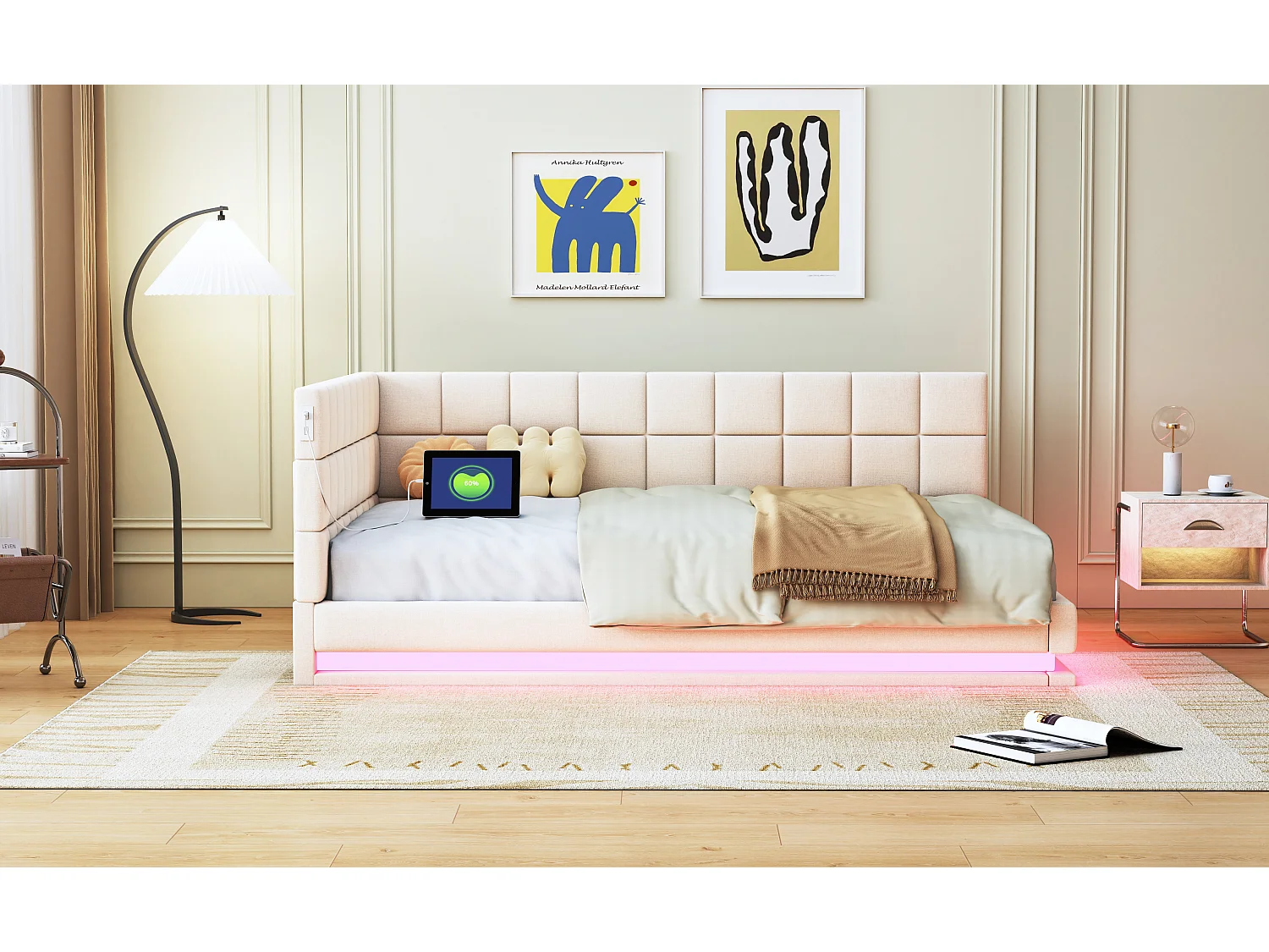 Canapé-lit 140x200cm, multifonction, velours beige, LED, prise USB, sommier à lattes (206x147x63cm)