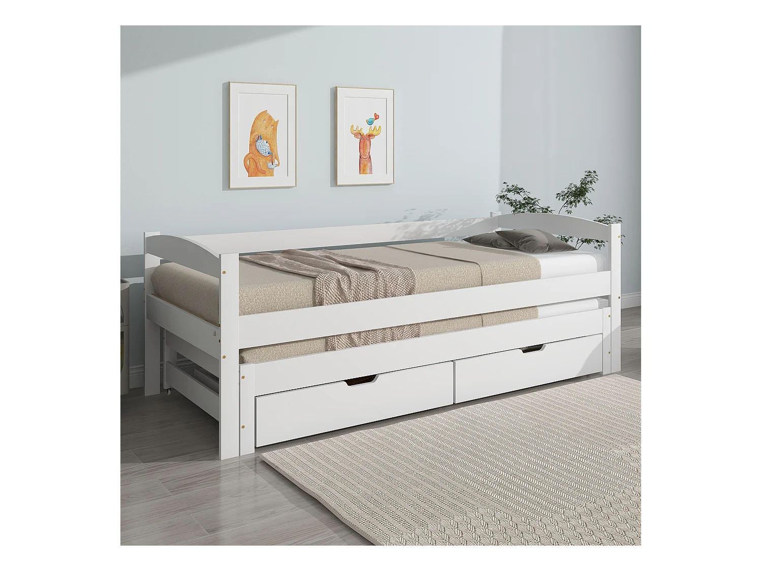 Lit de jour avec roulettes et tiroirs, lit simple et double, cadre en bois massif, Blanc (200x90cm/190x90cm)