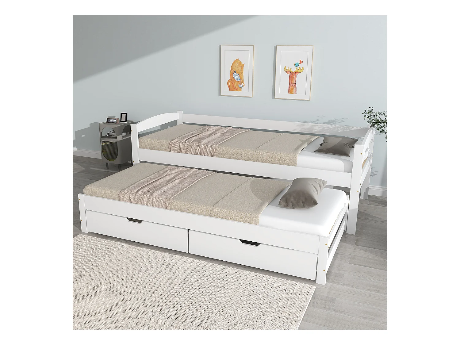 Lit de jour avec roulettes et tiroirs, lit simple et double, cadre en bois massif, Blanc (200x90cm/190x90cm)