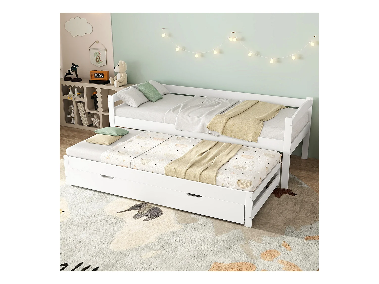 Lit de jour avec roulettes et tiroirs, lit simple et double, cadre en bois massif, Blanc (200x90cm/190x90cm)