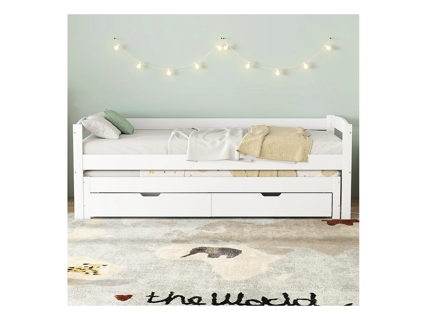 Lit de jour avec roulettes et tiroirs, lit simple et double, cadre en bois massif, Blanc (200x90cm/190x90cm)