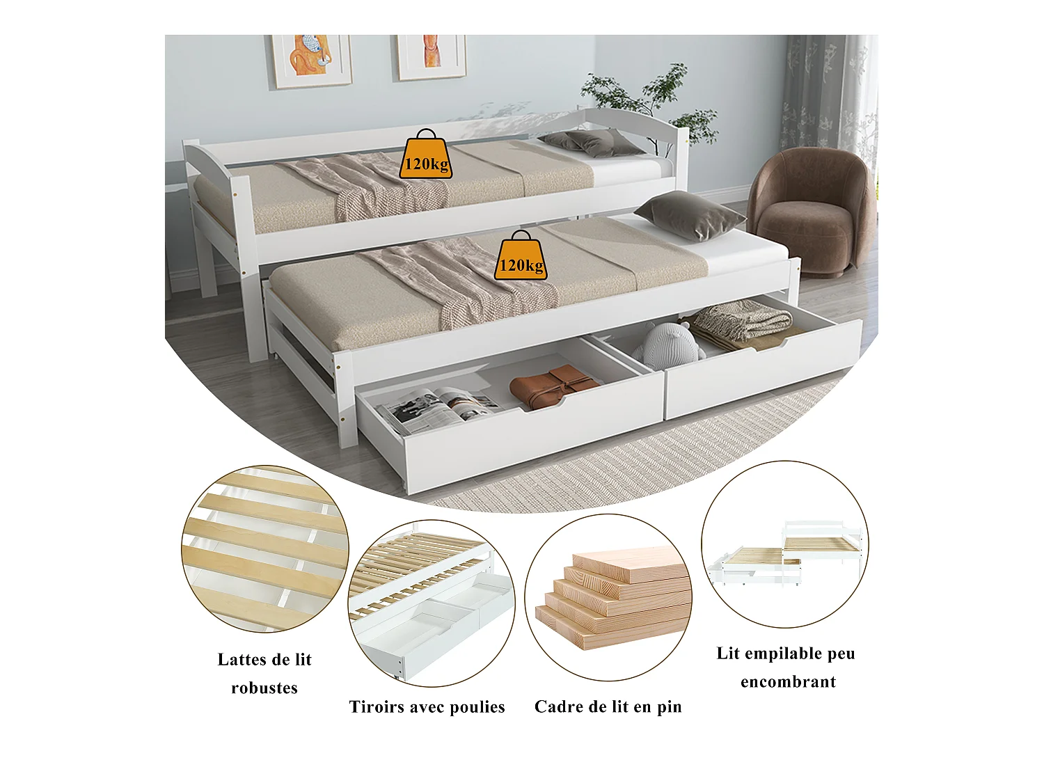 Lit de jour avec roulettes et tiroirs, lit simple et double, cadre en bois massif, Blanc (200x90cm/190x90cm)