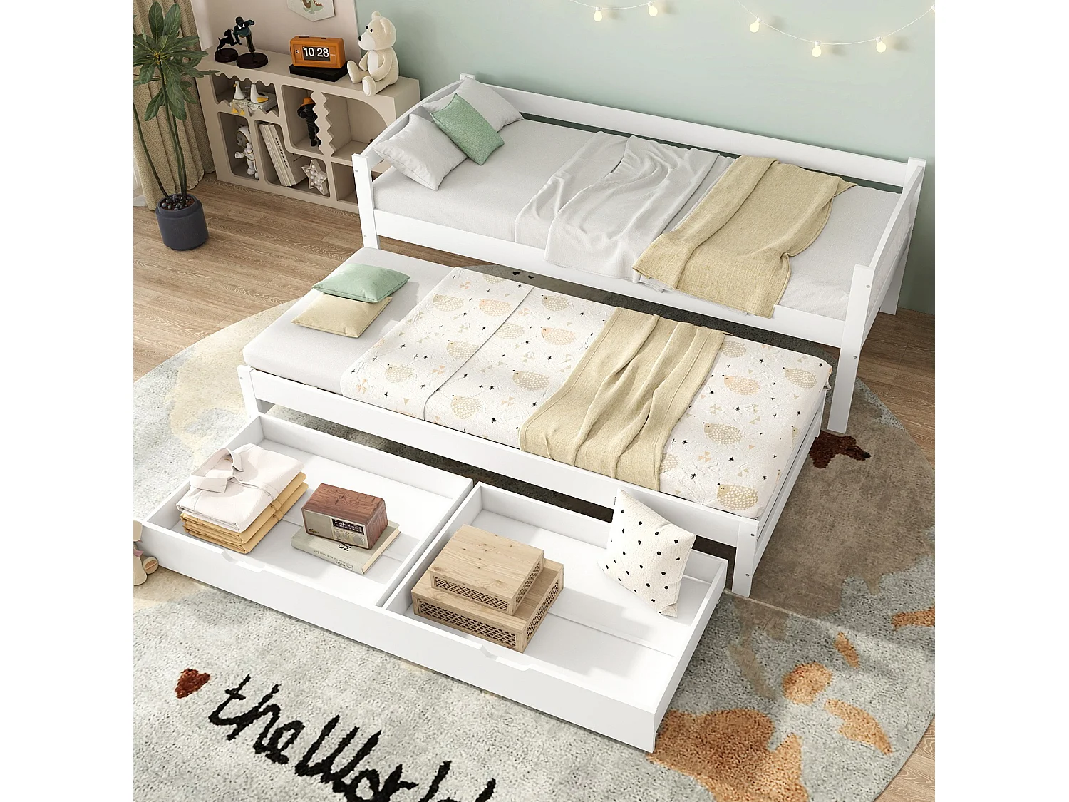 Dagbed met wielen en lades, eenpersoonsbed en tweepersoonsbed, massief houten frame, wit (200x90cm/190x90cm)