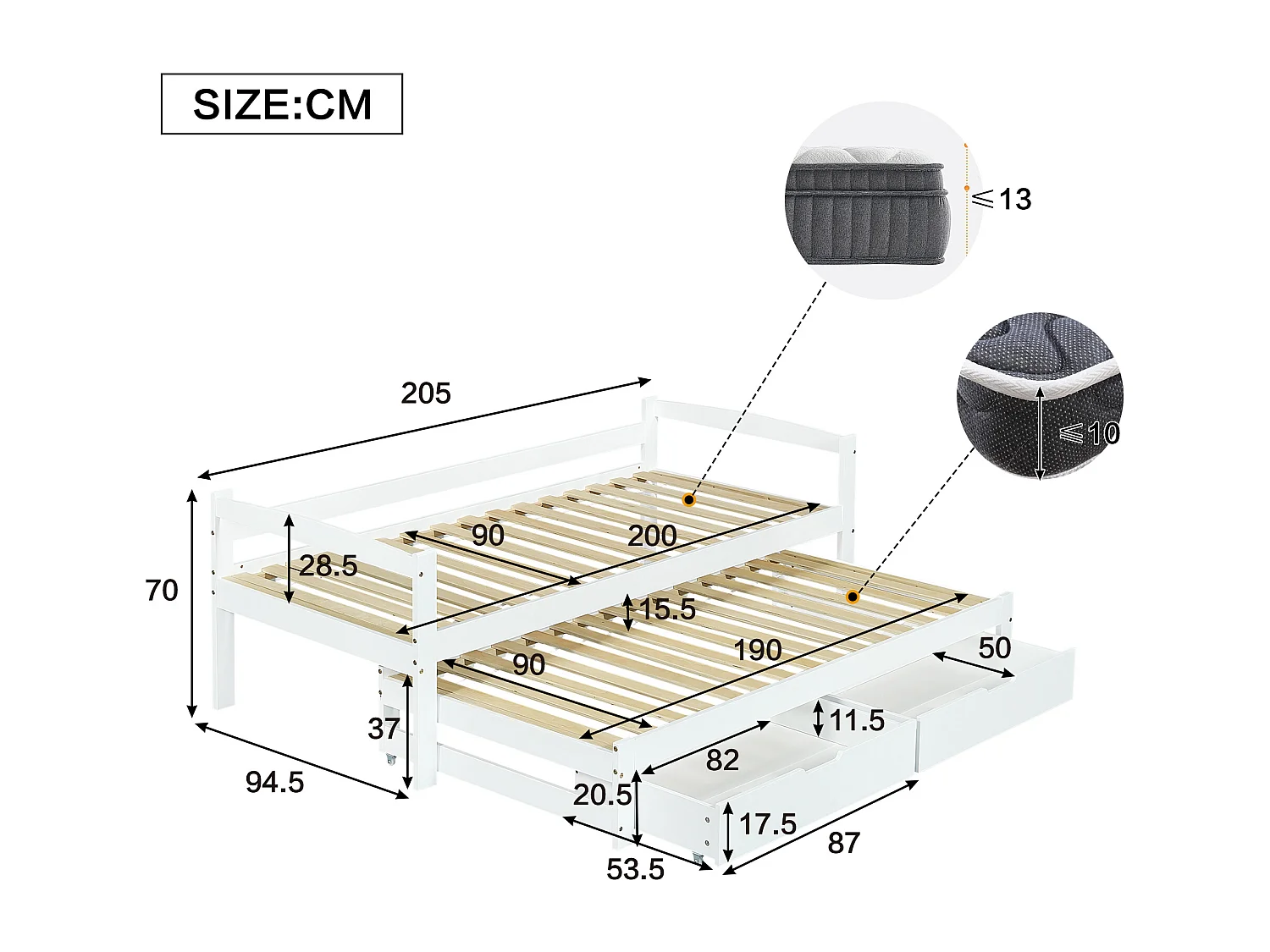 Dagbed met wielen en lades, eenpersoonsbed en tweepersoonsbed, massief houten frame, wit (200x90cm/190x90cm)
