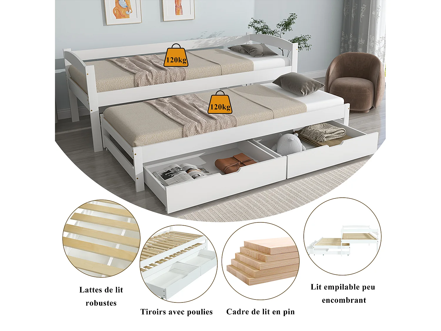 Dagbed met wielen en lades, eenpersoonsbed en tweepersoonsbed, massief houten frame, wit (200x90cm/190x90cm)