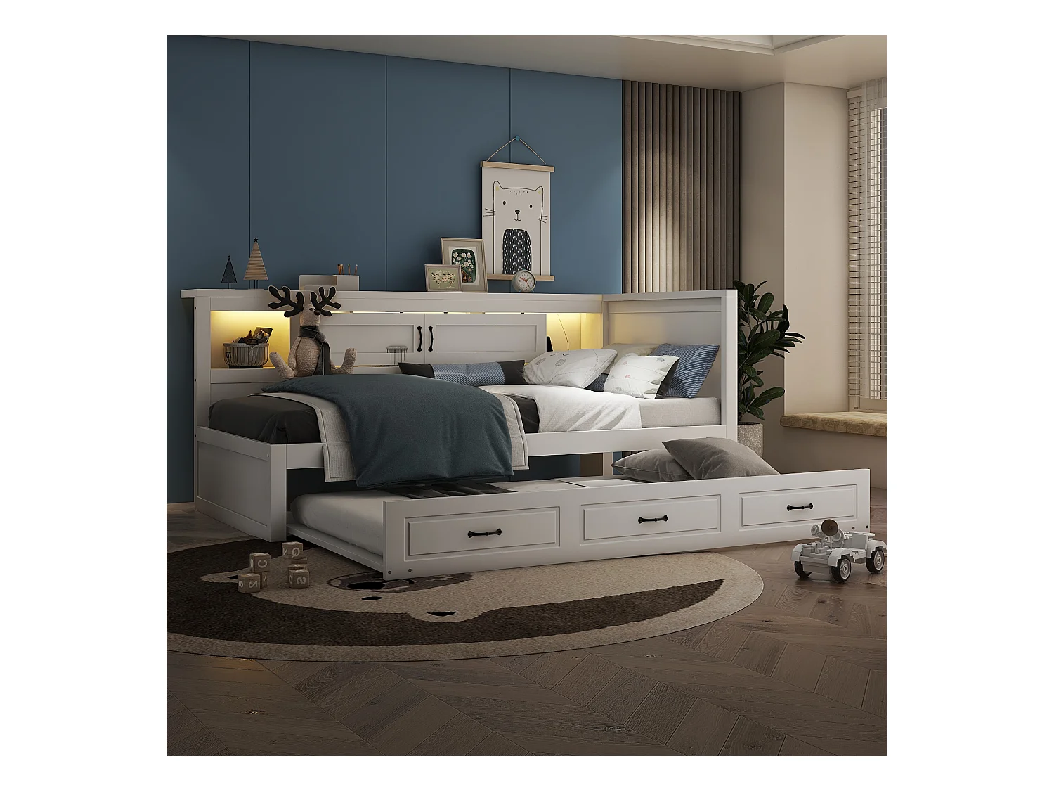 Canapé-lit, Daybed, 90x200cm, avec LED, rangement latéral, lit gigogne, prise + USB, sans matelas, Gris (204.5x117.4x91.5 cm)
