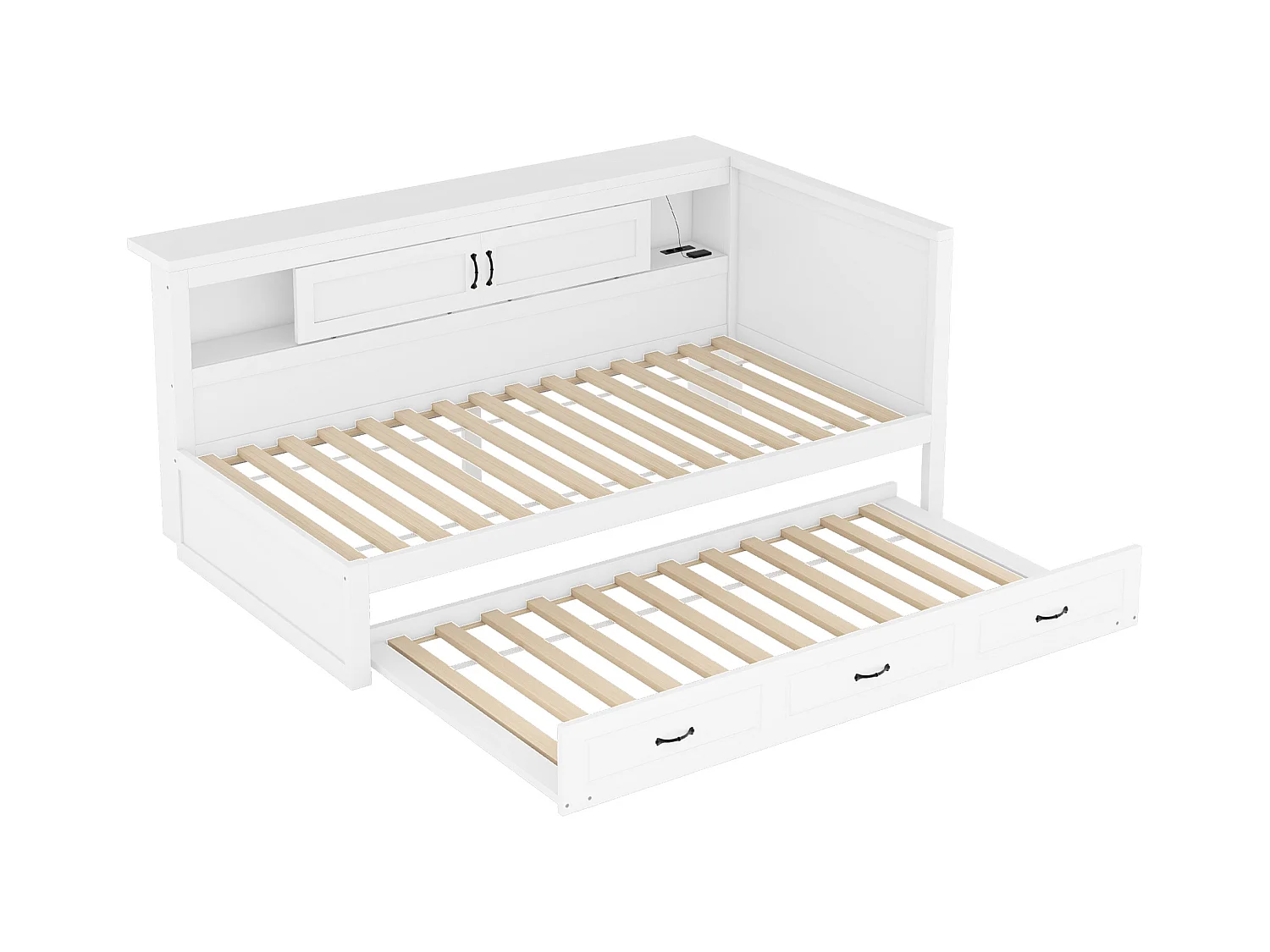 Slaapbank, Daybed, 90x200cm, met LED, zij-opbergruimte, uitschuifbed, stopcontact + USB, zonder matras, Grijs (204,5x117,4x91,5 cm)