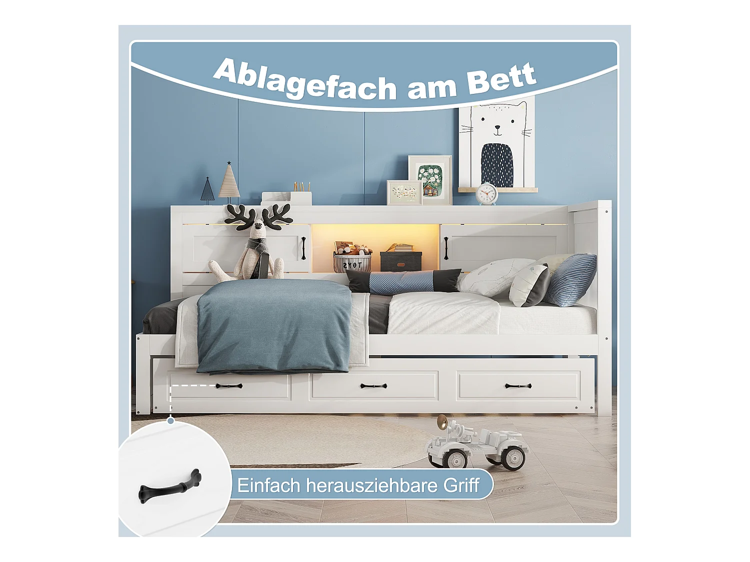 Slaapbank, Daybed, 90x200cm, met LED, zij-opbergruimte, uitschuifbed, stopcontact + USB, zonder matras, Grijs (204,5x117,4x91,5 cm)