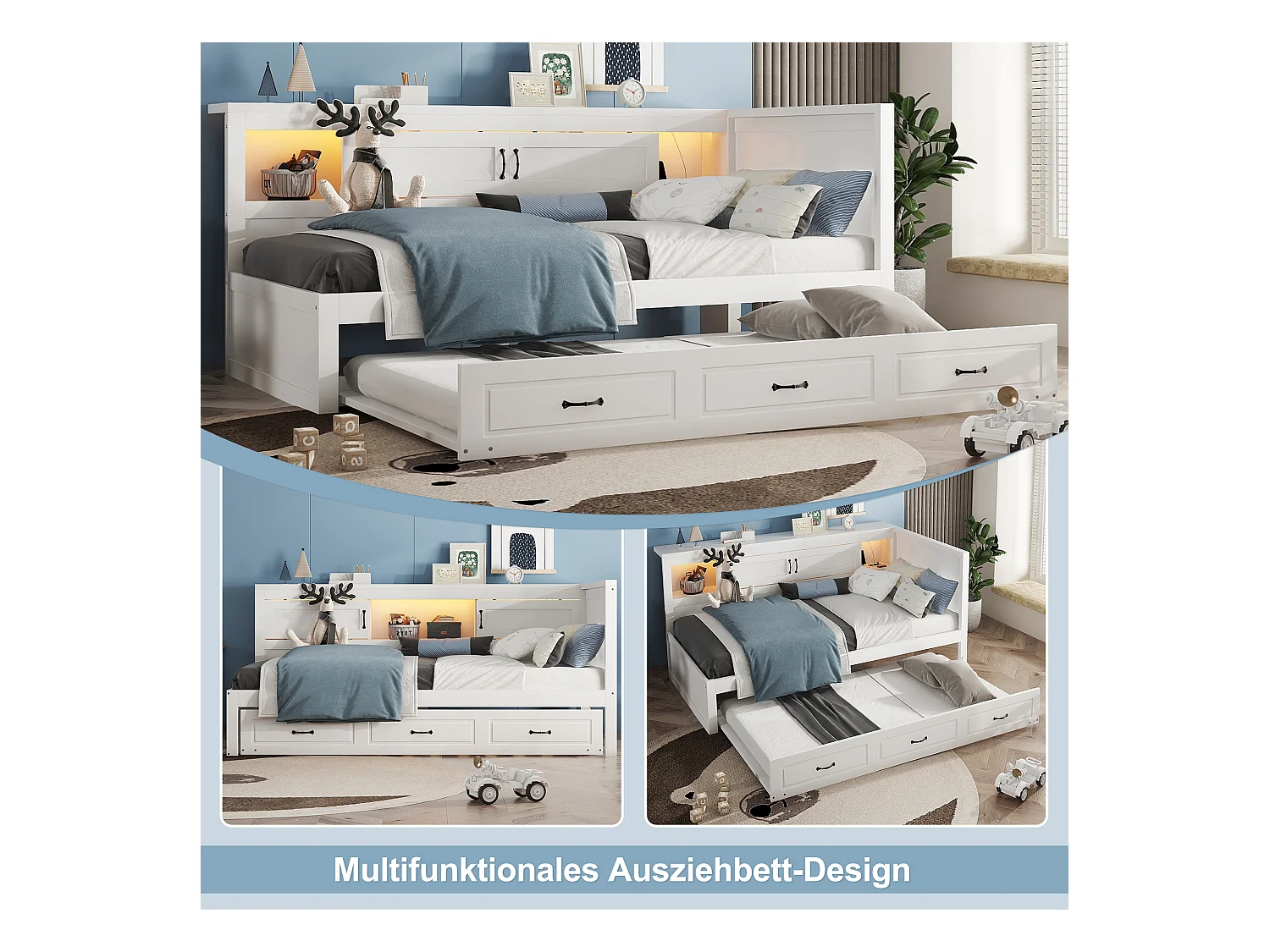 Slaapbank, Daybed, 90x200cm, met LED, zij-opbergruimte, uitschuifbed, stopcontact + USB, zonder matras, Grijs (204,5x117,4x91,5 cm)
