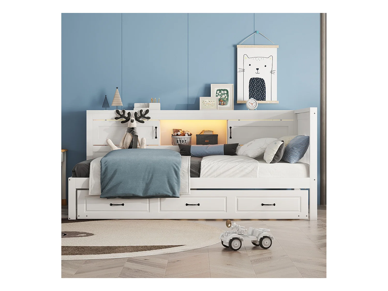 Slaapbank, Daybed, 90x200cm, met LED, zij-opbergruimte, uitschuifbed, stopcontact + USB, zonder matras, Grijs (204,5x117,4x91,5 cm)