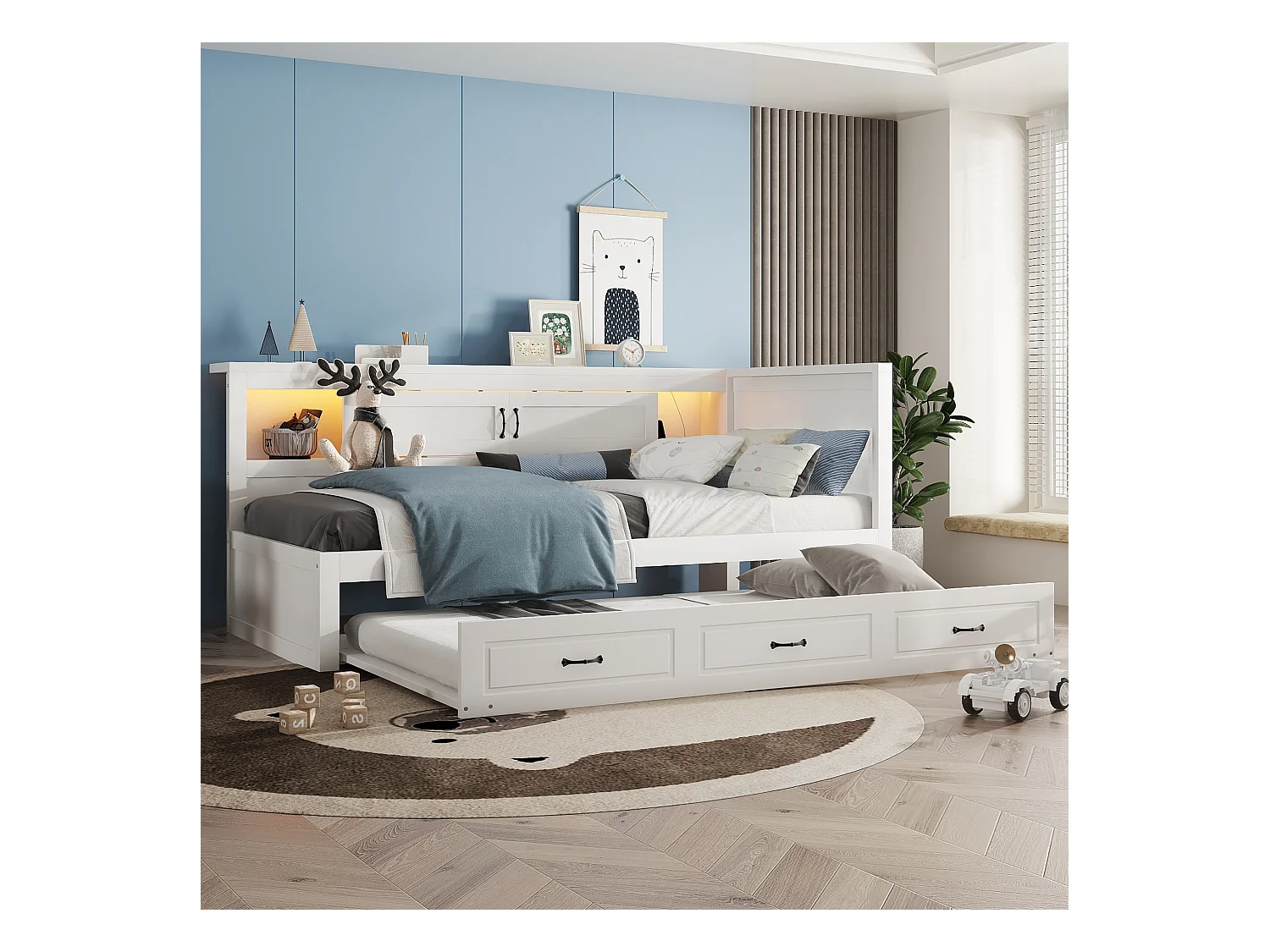 Slaapbank, Daybed, 90x200cm, met LED, zij-opbergruimte, uitschuifbed, stopcontact + USB, zonder matras, Grijs (204,5x117,4x91,5 cm)