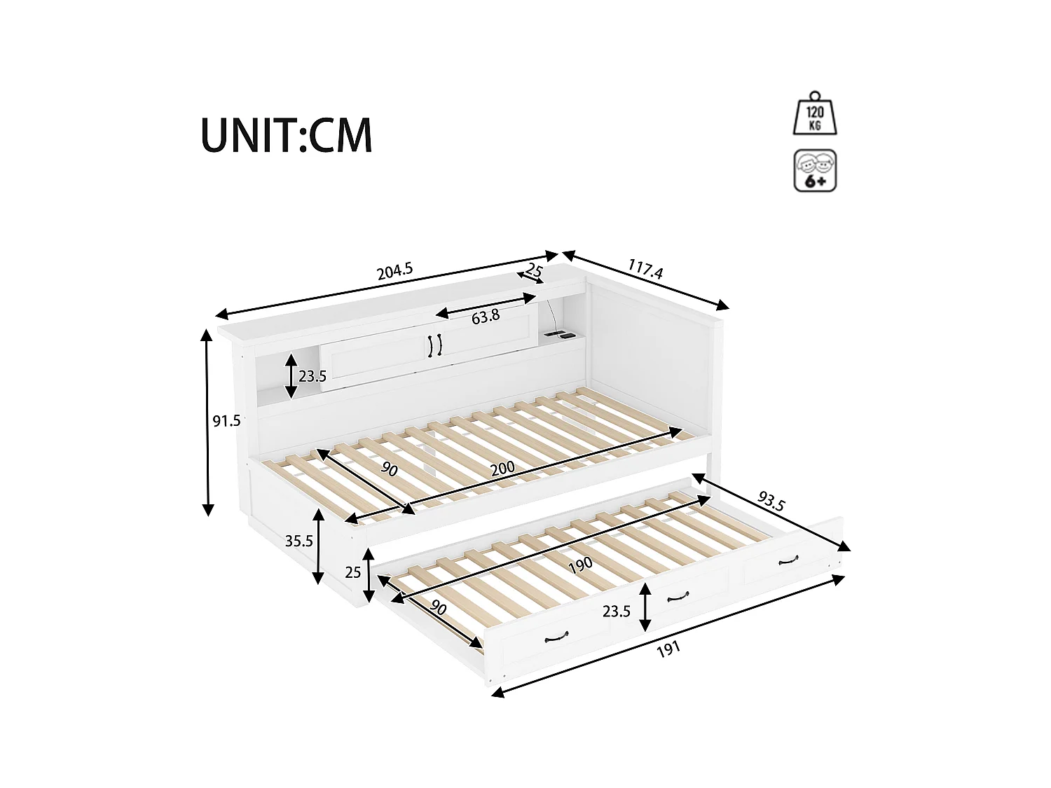 Slaapbank, Daybed, 90x200cm, met LED, zij-opbergruimte, uitschuifbed, stopcontact + USB, zonder matras, Grijs (204,5x117,4x91,5 cm)