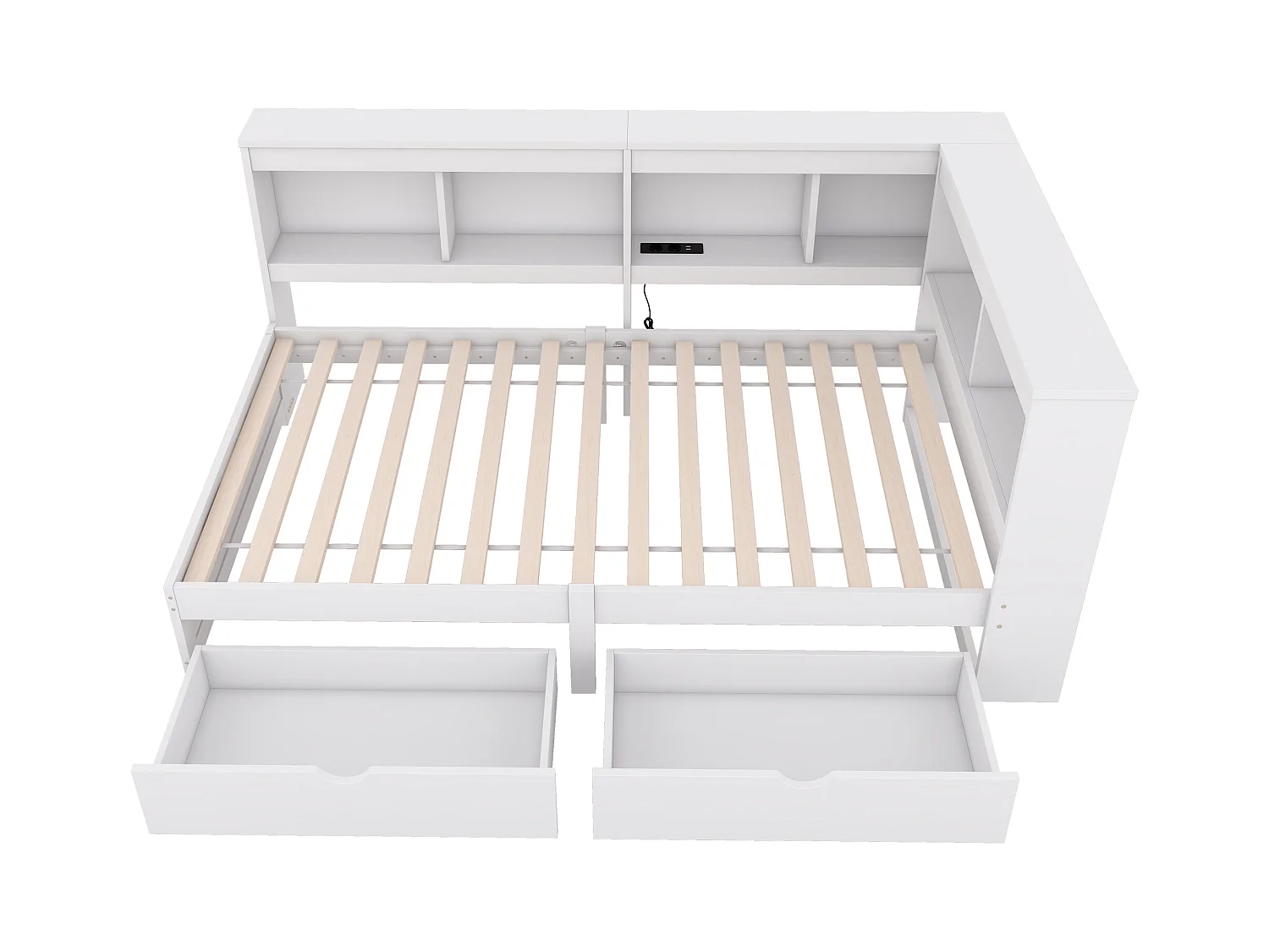 Dagbed 90 x 200 cm, met 2 lades, stopcontact en 2 USB-aansluitingen, spaanplaatstructuur, wit (223,6 x 116,6 x 70 cm)